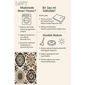 Pamuk Tabanlı Kaymaz Halı – Bej; Kahverengi; Siyah – Floral Desen, Makinede Yıkanabilir, Kolay Temizlenebilir, Toz Ve Tüy Tutmaz, Evcil Hayvan Dostu