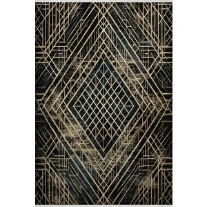Pamuk Tabanlı Kaymaz Halı – Siyah; Altın – Geometric Desen, Makinede Yıkanabilir, Kolay Temizlenebilir, Toz Ve Tüy Tutmaz, Evcil Hayvan Dostu 120x270 cm