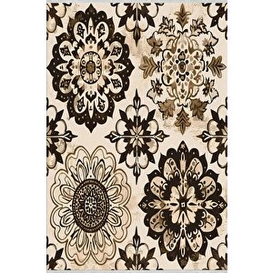 Pamuk Tabanlı Kaymaz Halı – Bej; Kahverengi; Siyah – Floral Desen, Makinede Yıkanabilir, Kolay Temizlenebilir, Toz Ve Tüy Tutmaz, Evcil Hayvan Dostu 180x200 cm