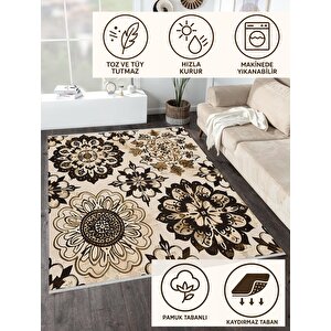 Pamuk Tabanlı Kaymaz Halı – Bej; Kahverengi; Siyah – Floral Desen, Makinede Yıkanabilir, Kolay Temizlenebilir, Toz Ve Tüy Tutmaz, Evcil Hayvan Dostu 180x200 cm
