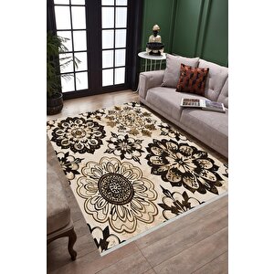 Pamuk Tabanlı Kaymaz Halı – Bej; Kahverengi; Siyah – Floral Desen, Makinede Yıkanabilir, Kolay Temizlenebilir, Toz Ve Tüy Tutmaz, Evcil Hayvan Dostu 180x200 cm