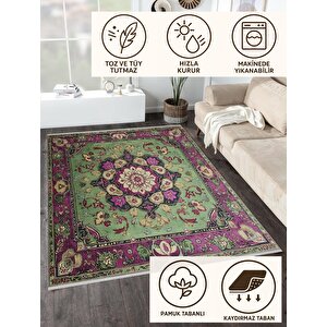 Pamuk Tabanlı Kaymaz Halı – Yeşil; Mor; Krem – Oriental Desen, Pamuk Dokuma Taban, Makinede Yıkanabilir, Kolay Temizlenebilir, Toz Ve Tüy Tutmaz, Kaymaz, Evcil Hayvan Dostu