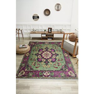 Pamuk Tabanlı Kaymaz Halı – Yeşil; Mor; Krem – Oriental Desen, Pamuk Dokuma Taban, Makinede Yıkanabilir, Kolay Temizlenebilir, Toz Ve Tüy Tutmaz, Kaymaz, Evcil Hayvan Dostu