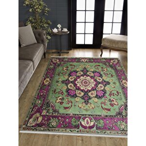Pamuk Tabanlı Kaymaz Halı – Yeşil; Mor; Krem – Oriental Desen, Pamuk Dokuma Taban, Makinede Yıkanabilir, Kolay Temizlenebilir, Toz Ve Tüy Tutmaz, Kaymaz, Evcil Hayvan Dostu