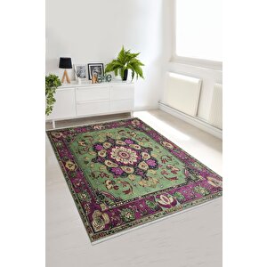 Pamuk Tabanlı Kaymaz Halı – Yeşil; Mor; Krem – Oriental Desen, Pamuk Dokuma Taban, Makinede Yıkanabilir, Kolay Temizlenebilir, Toz Ve Tüy Tutmaz, Kaymaz, Evcil Hayvan Dostu