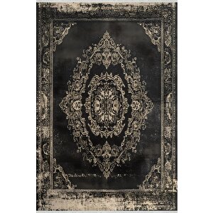 Pamuk Tabanlı Kaymaz Halı – Siyah; Krem – Oriental Desen, Makinede Yıkanabilir, Kolay Temizlenebilir, Toz Ve Tüy Tutmaz, Evcil Hayvan Dostu 100x100 cm
