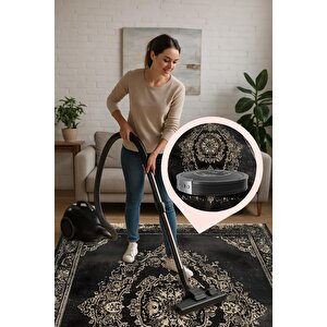 Pamuk Tabanlı Kaymaz Halı – Siyah; Krem – Oriental Desen, Makinede Yıkanabilir, Kolay Temizlenebilir, Toz Ve Tüy Tutmaz, Evcil Hayvan Dostu 100x100 cm
