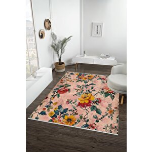 Pamuk Tabanlı Kaymaz Halı – Pembe; Sarı; Yeşil; Kırmızı – Floral Desen, Makinede Yıkanabilir, Kolay Temizlenebilir, Toz Ve Tüy Tutmaz, Evcil Hayvan Dostu 200x270 cm