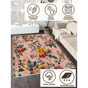 Pamuk Tabanlı Kaymaz Halı – Pembe; Sarı; Yeşil; Kırmızı – Floral Desen, Makinede Yıkanabilir, Kolay Temizlenebilir, Toz Ve Tüy Tutmaz, Evcil Hayvan Dostu 200x270 cm