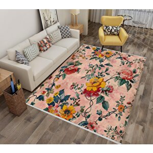 Pamuk Tabanlı Kaymaz Halı – Pembe; Sarı; Yeşil; Kırmızı – Floral Desen, Makinede Yıkanabilir, Kolay Temizlenebilir, Toz Ve Tüy Tutmaz, Evcil Hayvan Dostu