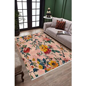 Pamuk Tabanlı Kaymaz Halı – Pembe; Sarı; Yeşil; Kırmızı – Floral Desen, Makinede Yıkanabilir, Kolay Temizlenebilir, Toz Ve Tüy Tutmaz, Evcil Hayvan Dostu