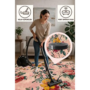 Pamuk Tabanlı Kaymaz Halı – Pembe; Sarı; Yeşil; Kırmızı – Floral Desen, Makinede Yıkanabilir, Kolay Temizlenebilir, Toz Ve Tüy Tutmaz, Evcil Hayvan Dostu