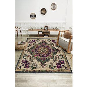 Pamuk Tabanlı Kaymaz Halı – Yeşil; Mor; Bej – Oriental Desen, Pamuk Dokuma Taban, Makinede Yıkanabilir, Kolay Temizlenebilir, Toz Ve Tüy Tutmaz, Kaymaz, Evcil Hayvan Dostu