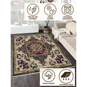 Pamuk Tabanlı Kaymaz Halı – Yeşil; Mor; Bej – Oriental Desen, Pamuk Dokuma Taban, Makinede Yıkanabilir, Kolay Temizlenebilir, Toz Ve Tüy Tutmaz, Kaymaz, Evcil Hayvan Dostu