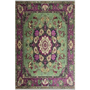 Pamuk Tabanlı Kaymaz Halı – Yeşil; Mor; Krem – Oriental Desen, Pamuk Dokuma Taban, Makinede Yıkanabilir, Kolay Temizlenebilir, Toz Ve Tüy Tutmaz, Kaymaz, Evcil Hayvan Dostu 200x220 cm