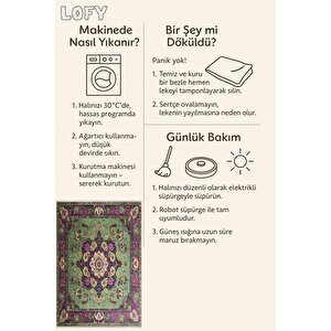Pamuk Tabanlı Kaymaz Halı – Yeşil; Mor; Krem – Oriental Desen, Pamuk Dokuma Taban, Makinede Yıkanabilir, Kolay Temizlenebilir, Toz Ve Tüy Tutmaz, Kaymaz, Evcil Hayvan Dostu 200x220 cm