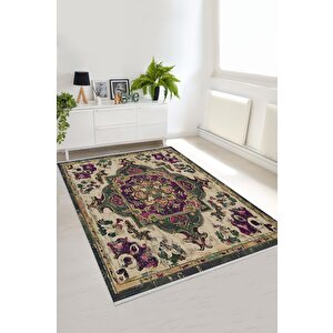 Pamuk Tabanlı Kaymaz Halı – Yeşil; Mor; Bej – Oriental Desen, Pamuk Dokuma Taban, Makinede Yıkanabilir, Kolay Temizlenebilir, Toz Ve Tüy Tutmaz, Kaymaz, Evcil Hayvan Dostu