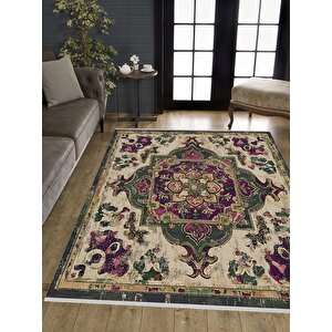 Pamuk Tabanlı Kaymaz Halı – Yeşil; Mor; Bej – Oriental Desen, Pamuk Dokuma Taban, Makinede Yıkanabilir, Kolay Temizlenebilir, Toz Ve Tüy Tutmaz, Kaymaz, Evcil Hayvan Dostu