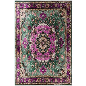 Pamuk Tabanlı Kaymaz Halı – Yeşil; Mor; Krem – Oriental Desen, Pamuk Dokuma Taban, Makinede Yıkanabilir, Kolay Temizlenebilir, Toz Ve Tüy Tutmaz, Kaymaz, Evcil Hayvan Dostu 180x200 cm
