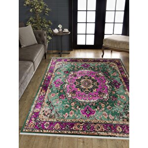 Pamuk Tabanlı Kaymaz Halı – Yeşil; Mor; Krem – Oriental Desen, Pamuk Dokuma Taban, Makinede Yıkanabilir, Kolay Temizlenebilir, Toz Ve Tüy Tutmaz, Kaymaz, Evcil Hayvan Dostu 180x200 cm