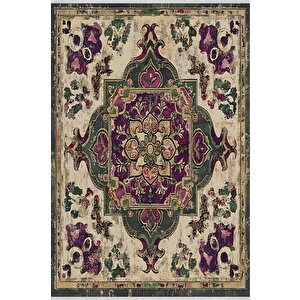 Pamuk Tabanlı Kaymaz Halı – Yeşil; Mor; Bej – Oriental Desen, Pamuk Dokuma Taban, Makinede Yıkanabilir, Kolay Temizlenebilir, Toz Ve Tüy Tutmaz, Kaymaz, Evcil Hayvan Dostu 160x350 cm