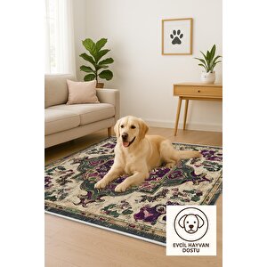 Pamuk Tabanlı Kaymaz Halı – Yeşil; Mor; Bej – Oriental Desen, Pamuk Dokuma Taban, Makinede Yıkanabilir, Kolay Temizlenebilir, Toz Ve Tüy Tutmaz, Kaymaz, Evcil Hayvan Dostu 160x350 cm