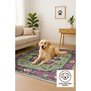 Pamuk Tabanlı Kaymaz Halı – Yeşil; Mor; Krem – Oriental Desen, Pamuk Dokuma Taban, Makinede Yıkanabilir, Kolay Temizlenebilir, Toz Ve Tüy Tutmaz, Kaymaz, Evcil Hayvan Dostu 160x350 cm