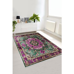 Pamuk Tabanlı Kaymaz Halı – Yeşil; Mor; Krem – Oriental Desen, Pamuk Dokuma Taban, Makinede Yıkanabilir, Kolay Temizlenebilir, Toz Ve Tüy Tutmaz, Kaymaz, Evcil Hayvan Dostu 150x300 cm