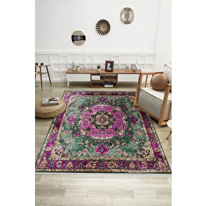 Pamuk Tabanlı Kaymaz Halı – Yeşil; Mor; Krem – Oriental Desen, Pamuk Dokuma Taban, Makinede Yıkanabilir, Kolay Temizlenebilir, Toz Ve Tüy Tutmaz, Kaymaz, Evcil Hayvan Dostu