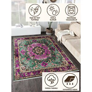 Pamuk Tabanlı Kaymaz Halı – Yeşil; Mor; Krem – Oriental Desen, Pamuk Dokuma Taban, Makinede Yıkanabilir, Kolay Temizlenebilir, Toz Ve Tüy Tutmaz, Kaymaz, Evcil Hayvan Dostu
