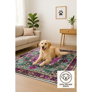 Pamuk Tabanlı Kaymaz Halı – Yeşil; Mor; Krem – Oriental Desen, Pamuk Dokuma Taban, Makinede Yıkanabilir, Kolay Temizlenebilir, Toz Ve Tüy Tutmaz, Kaymaz, Evcil Hayvan Dostu