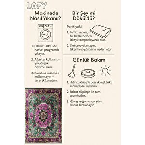 Pamuk Tabanlı Kaymaz Halı – Yeşil; Mor; Krem – Oriental Desen, Pamuk Dokuma Taban, Makinede Yıkanabilir, Kolay Temizlenebilir, Toz Ve Tüy Tutmaz, Kaymaz, Evcil Hayvan Dostu