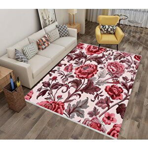 Pamuk Tabanlı Kaymaz Halı – Pembe; Kırmızı; Gri – Floral Desen, Makinede Yıkanabilir, Kolay Temizlenebilir, Toz Ve Tüy Tutmaz, Evcil Hayvan Dostu