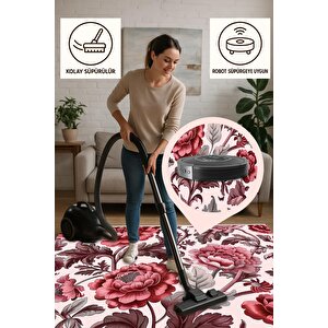 Pamuk Tabanlı Kaymaz Halı – Pembe; Kırmızı; Gri – Floral Desen, Makinede Yıkanabilir, Kolay Temizlenebilir, Toz Ve Tüy Tutmaz, Evcil Hayvan Dostu