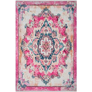 Yıkanabilir Halı – Pembe; Turkuaz; Krem – Geleneksel Desen, Pamuk Dokuma Taban, Makinede Yıkanabilir, Kolay Temizlenebilir, Toz Ve Tüy Tutmaz, Kaymaz, Evcil Hayvan Dostu 80x80 cm