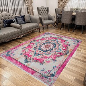 Yıkanabilir Halı – Pembe; Turkuaz; Krem – Geleneksel Desen, Pamuk Dokuma Taban, Makinede Yıkanabilir, Kolay Temizlenebilir, Toz Ve Tüy Tutmaz, Kaymaz, Evcil Hayvan Dostu 80x80 cm