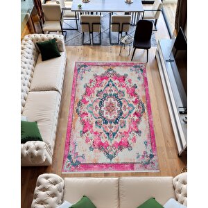 Yıkanabilir Halı – Pembe; Turkuaz; Krem – Geleneksel Desen, Pamuk Dokuma Taban, Makinede Yıkanabilir, Kolay Temizlenebilir, Toz Ve Tüy Tutmaz, Kaymaz, Evcil Hayvan Dostu 80x80 cm