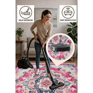Yıkanabilir Halı – Pembe; Turkuaz; Krem – Geleneksel Desen, Pamuk Dokuma Taban, Makinede Yıkanabilir, Kolay Temizlenebilir, Toz Ve Tüy Tutmaz, Kaymaz, Evcil Hayvan Dostu