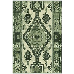 Yıkanabilir Halı – Yeşil; Krem – Geleneksel Desen, Pamuk Dokuma Taban, Makinede Yıkanabilir, Kolay Temizlenebilir, Toz Ve Tüy Tutmaz, Kaymaz, Evcil Hayvan Dostu 100x180 cm