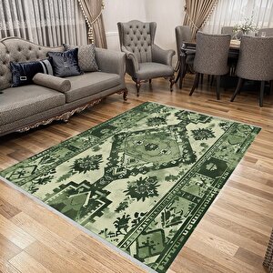 Yıkanabilir Halı – Yeşil; Krem – Geleneksel Desen, Pamuk Dokuma Taban, Makinede Yıkanabilir, Kolay Temizlenebilir, Toz Ve Tüy Tutmaz, Kaymaz, Evcil Hayvan Dostu 100x180 cm