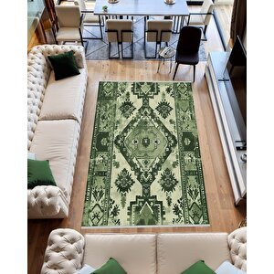 Yıkanabilir Halı – Yeşil; Krem – Geleneksel Desen, Pamuk Dokuma Taban, Makinede Yıkanabilir, Kolay Temizlenebilir, Toz Ve Tüy Tutmaz, Kaymaz, Evcil Hayvan Dostu 100x180 cm