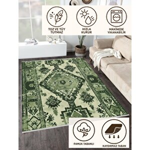 Yıkanabilir Halı – Yeşil; Krem – Geleneksel Desen, Pamuk Dokuma Taban, Makinede Yıkanabilir, Kolay Temizlenebilir, Toz Ve Tüy Tutmaz, Kaymaz, Evcil Hayvan Dostu
