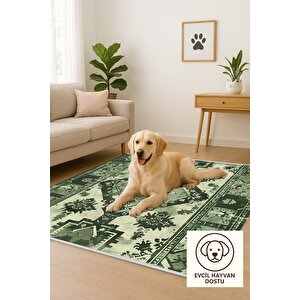 Yıkanabilir Halı – Yeşil; Krem – Geleneksel Desen, Pamuk Dokuma Taban, Makinede Yıkanabilir, Kolay Temizlenebilir, Toz Ve Tüy Tutmaz, Kaymaz, Evcil Hayvan Dostu