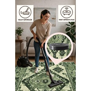 Yıkanabilir Halı – Yeşil; Krem – Geleneksel Desen, Pamuk Dokuma Taban, Makinede Yıkanabilir, Kolay Temizlenebilir, Toz Ve Tüy Tutmaz, Kaymaz, Evcil Hayvan Dostu