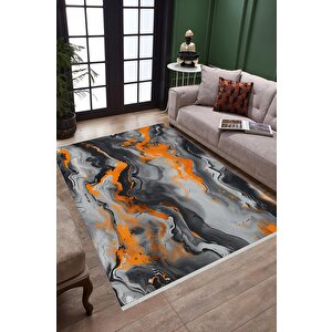 Pamuk Tabanlı Kaymaz Halı – Turuncu; Gri; Siyah; Beyaz – Soyut Desen, Makinede Yıkanabilir, Kolay Temizlenebilir, Toz Ve Tüy Tutmaz, Evcil Hayvan Dostu 160x350 cm