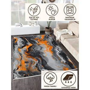 Pamuk Tabanlı Kaymaz Halı – Turuncu; Gri; Siyah; Beyaz – Soyut Desen, Makinede Yıkanabilir, Kolay Temizlenebilir, Toz Ve Tüy Tutmaz, Evcil Hayvan Dostu 160x350 cm