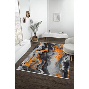 Pamuk Tabanlı Kaymaz Halı – Turuncu; Gri; Siyah; Beyaz – Soyut Desen, Makinede Yıkanabilir, Kolay Temizlenebilir, Toz Ve Tüy Tutmaz, Evcil Hayvan Dostu