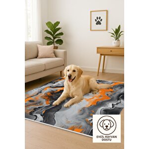 Pamuk Tabanlı Kaymaz Halı – Turuncu; Gri; Siyah; Beyaz – Soyut Desen, Makinede Yıkanabilir, Kolay Temizlenebilir, Toz Ve Tüy Tutmaz, Evcil Hayvan Dostu