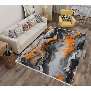 Pamuk Tabanlı Kaymaz Halı – Turuncu; Gri; Siyah; Beyaz – Soyut Desen, Makinede Yıkanabilir, Kolay Temizlenebilir, Toz Ve Tüy Tutmaz, Evcil Hayvan Dostu