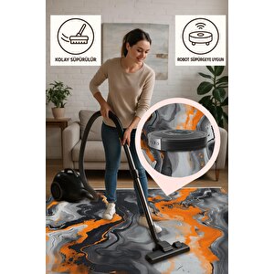 Pamuk Tabanlı Kaymaz Halı – Turuncu; Gri; Siyah; Beyaz – Soyut Desen, Makinede Yıkanabilir, Kolay Temizlenebilir, Toz Ve Tüy Tutmaz, Evcil Hayvan Dostu